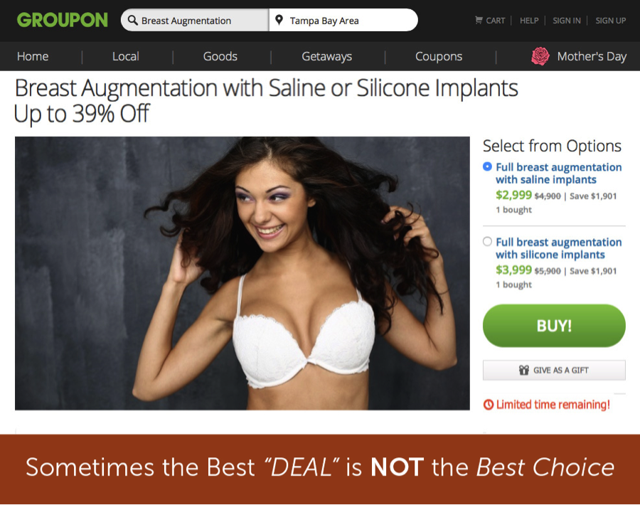 Screenshot of Groupon offer for Breast Augmentation